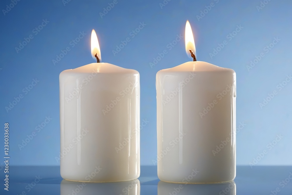 two white candles are lit on a blue surface two white candles are lit on a blue surface