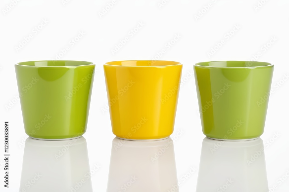 three different colored cups are lined up in a row three different colored cups are lined up in a row
