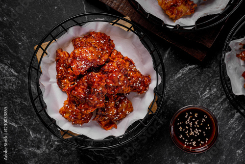 Quadro su tela Korean street food fried chicken with sweet, spicy, savory, crispy, honey flavor