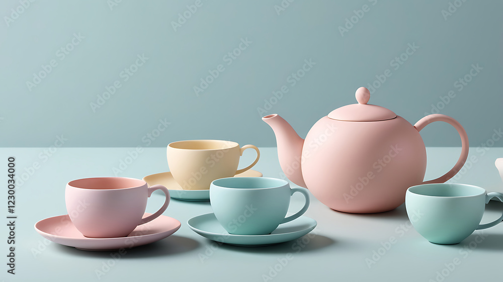 Elegant pastel vibrant tea and teapot sets for a modern tea experience on a soft background. Elegant pastel vibrant tea and teapot sets for a modern tea experience on a soft background.