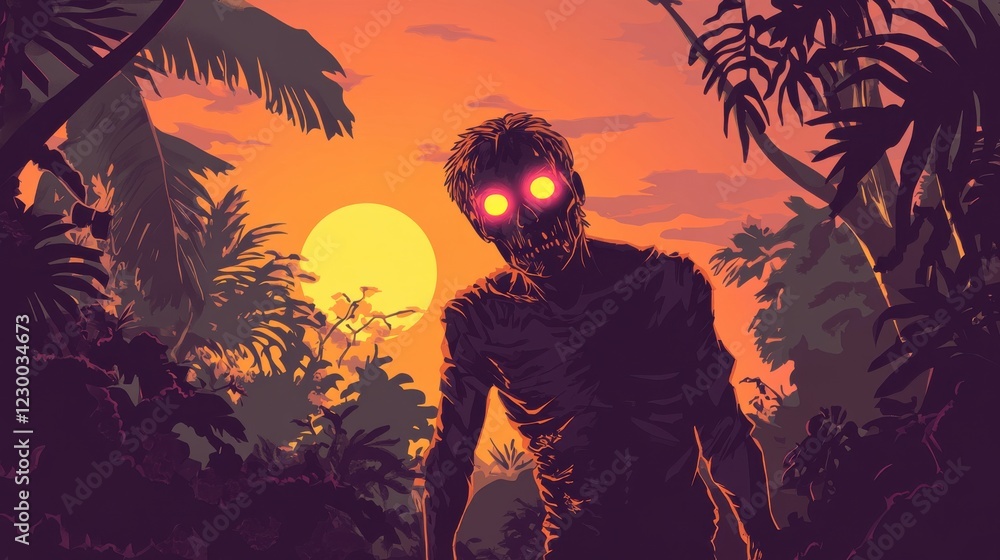 Glowing Eyed Zombie Emerges from Tropical Jungle at Sunset Glowing Eyed Zombie Emerges from Tropical Jungle at Sunset