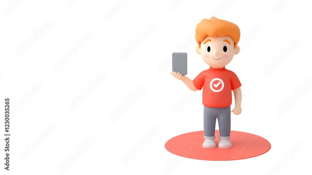 A playful cartoon character with orange hair, holding a smartphone, wearing a red shirt with a checkmark symbol, standing on a circular platform. A playful cartoon character with orange hair, holding a smartphone, wearing a red shirt with a checkmark symbol, standing on a circular platform.