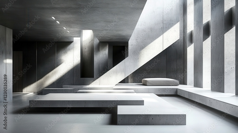 Fototapeta premium Modern architectural space, sleek minimalist design with natural light, open layout and geometric lines, ideal for creative work.