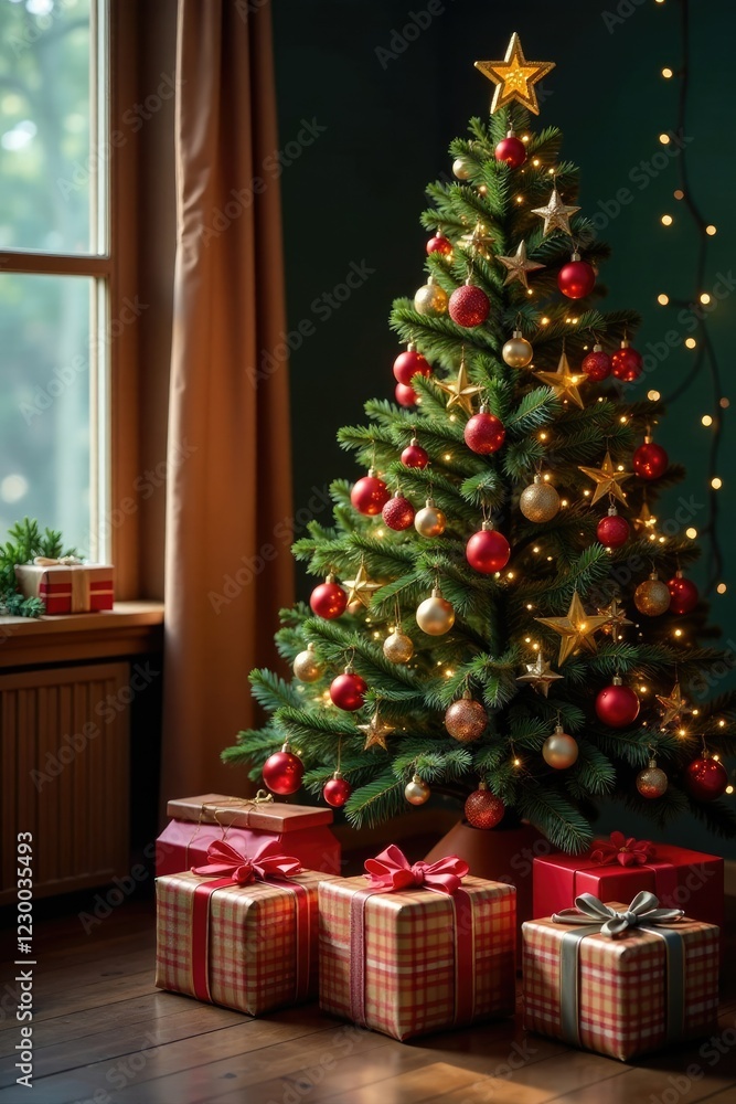 A decorated Christmas tree with presents and festive decorations, gift wrap, holiday season A decorated Christmas tree with presents and festive decorations, gift wrap, holiday season