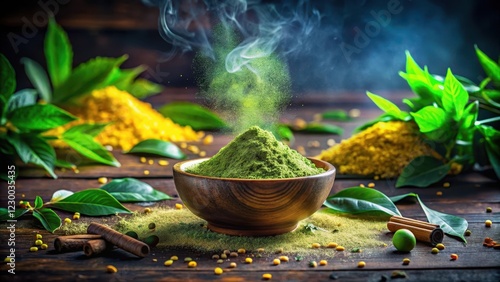 Jeshthamadh powder served in a bowl on a dark wooden table with scattered herbs and leaves, surrounded by a mystical aura, Wellness, Natural health photo