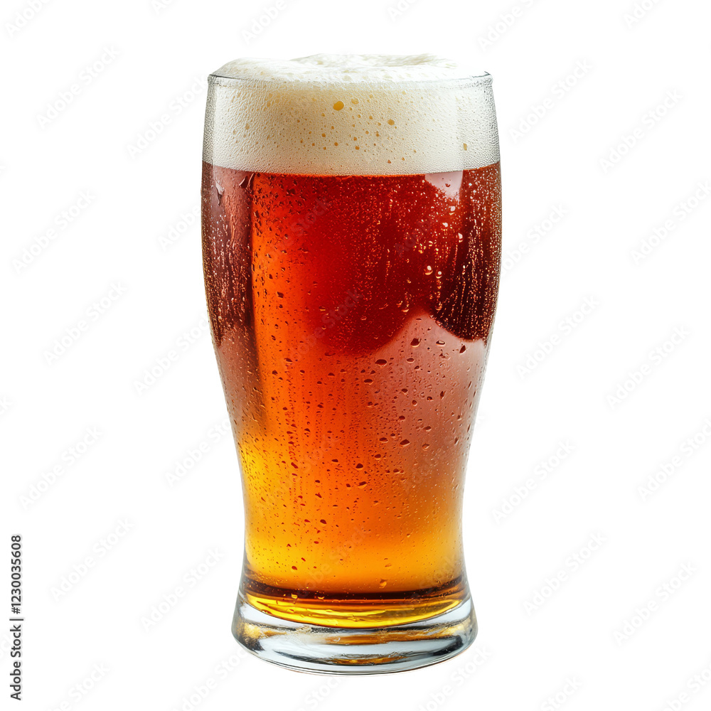 A frosty glass of amber beer topped with a creamy foam, showcasing bubbles and a rich color. A frosty glass of amber beer topped with a creamy foam, showcasing bubbles and a rich color.