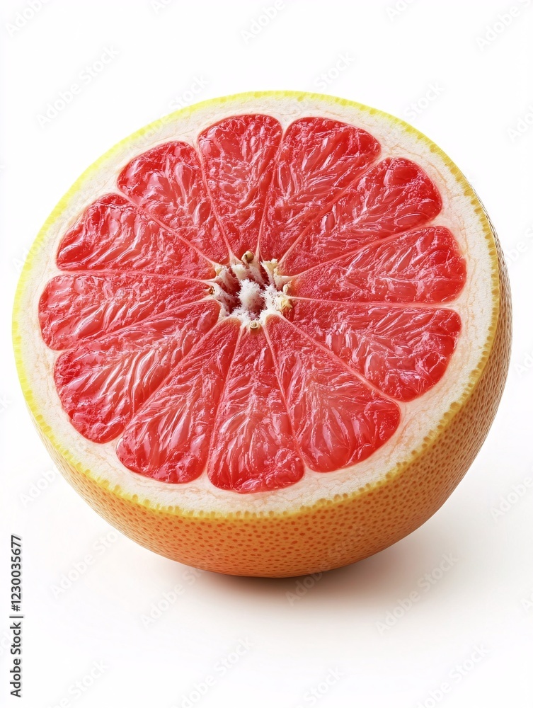 Close-Up of a Halved Grapefruit Displaying Juicy Red Flesh and Thin Peel on White Surface Close-Up of a Halved Grapefruit Displaying Juicy Red Flesh and Thin Peel on White Surface
