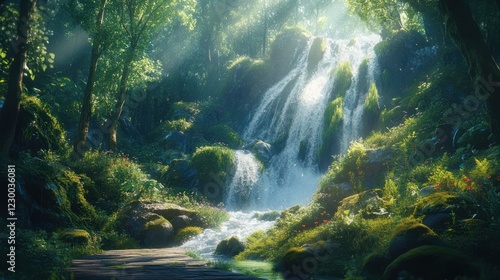 Sunlit Waterfall in Lush Jungle; Tranquil Scene