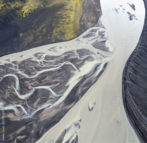 Abstract patterns in a river from a glacier.

