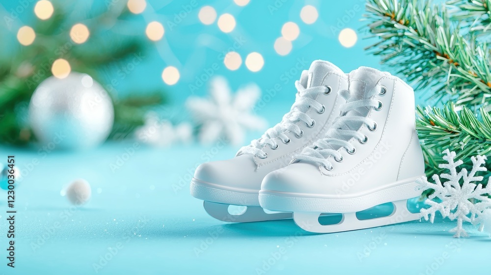 White ice skates on a festive background White ice skates on a festive background