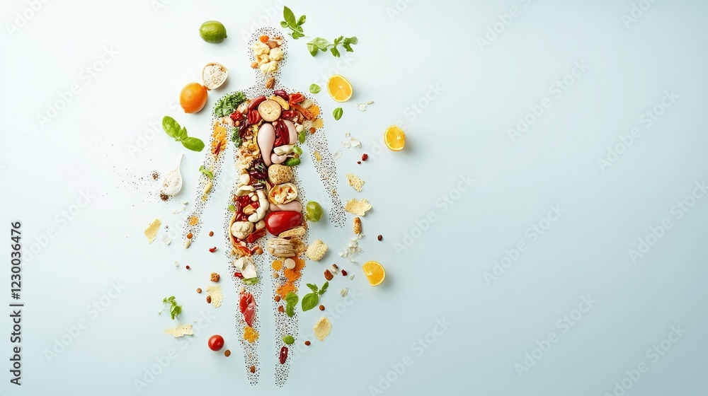Dietary Mapping of the Human Body, vibrant illustration of food patterns aligning with organs, highlighting personalized nutrition and health awareness