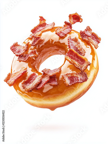 Maple Bacon Donut with Crispy Bacon Pieces, Isolated on White Background  
