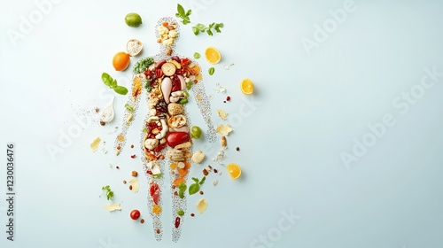 Obraz na płótnie Dietary Mapping of the Human Body, vibrant illustration of food patterns aligning with organs, highlighting personalized nutrition and health awareness w salonie