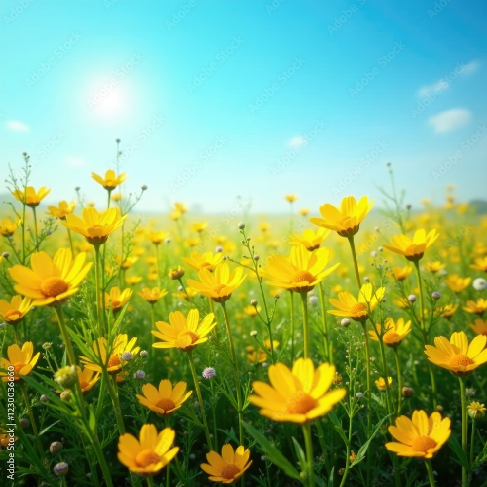 A patch of colorful flowers blooms in the sunlight, yellow flowers, blue sky, field A patch of colorful flowers blooms in the sunlight, yellow flowers, blue sky, field