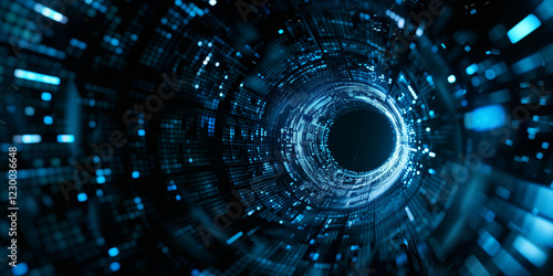 Futuristic Cyber Tunnel with Glowing Blue Lights, Sci-Fi Concept

