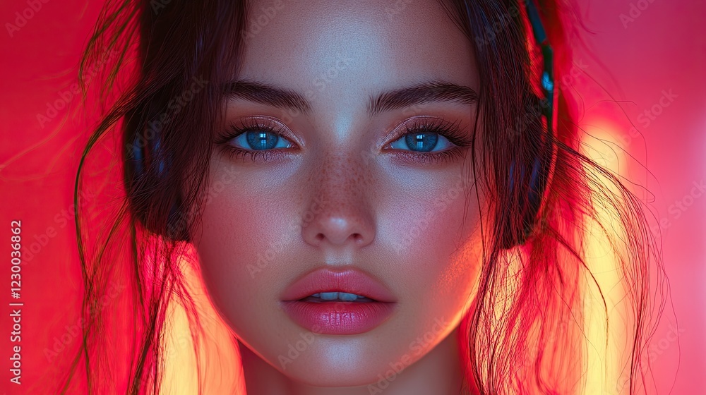 A young woman with blue eyes and freckles looks directly at the camera while wearing headphones against a pink and orange background.