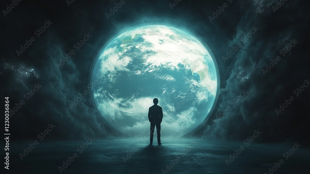 Fototapeta premium Astronaut in awe of Earth from a large station window, ethereal glow, breathtaking orbital perspective, profound bond with the cosmos