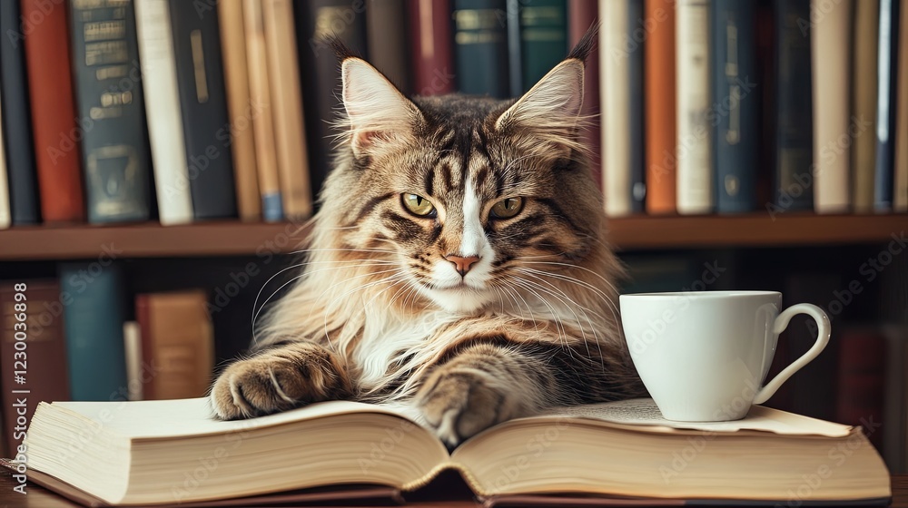 A Maine Coon cat near a shelf of books and a cup of coffee. picture A Maine Coon cat near a shelf of books and a cup of coffee. picture
