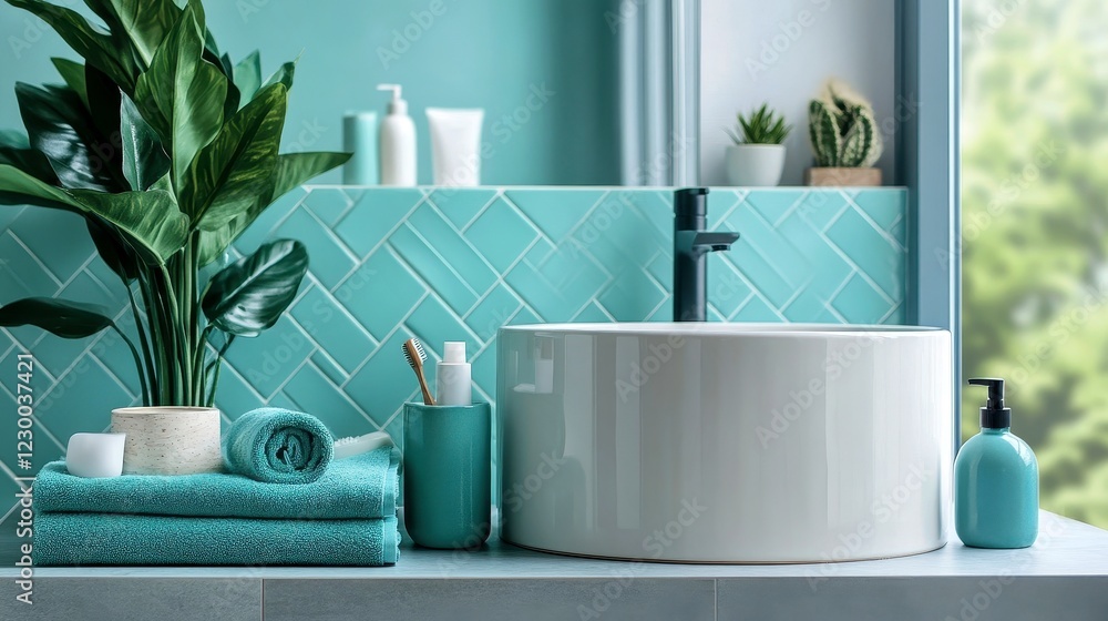 Fototapeta premium Modern bathroom with aqua accents, sleek tub with plants and decor, relaxing atmosphere for home wellness and style.