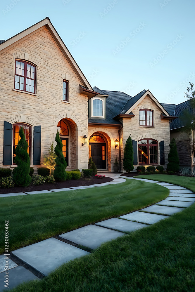 Luxury Stone House Exterior at Dusk: Modern Home Design, Landscaping, and Architecture Luxury Stone House Exterior at Dusk: Modern Home Design, Landscaping, and Architecture