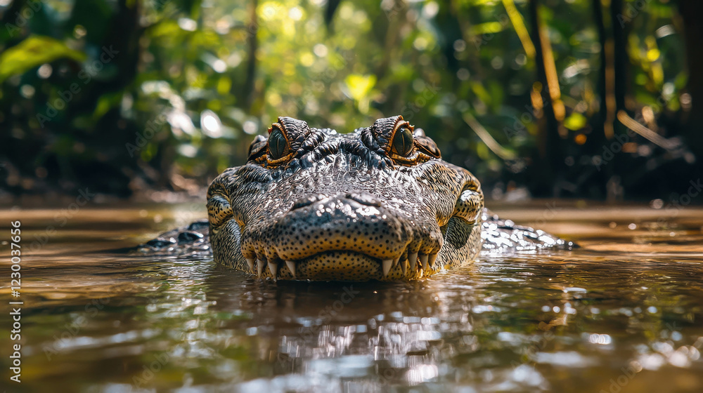 Fototapeta premium Massive Crocodile Partially Submerged in Swampy Environment Surrounded by Lush Greenery