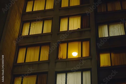 Night city building, lit windows, urban scene