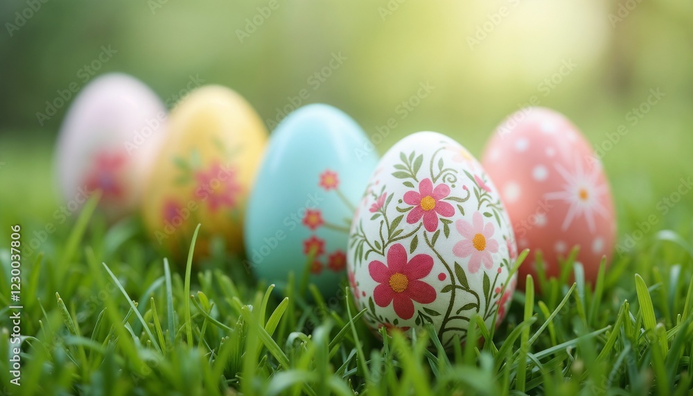 Easter Eggs with Delicate Floral Patterns on Fresh Green Grass Easter Eggs with Delicate Floral Patterns on Fresh Green Grass