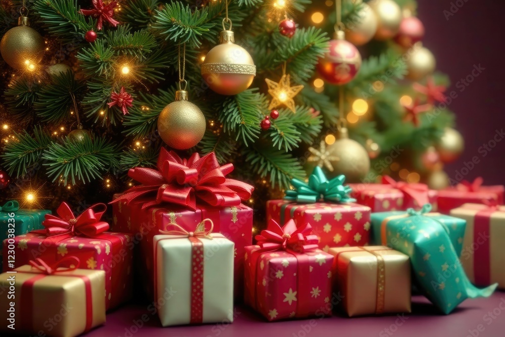 Colorful wrapping paper and bows overflowing from a grand golden tree, colorful, holiday, Christmas Colorful wrapping paper and bows overflowing from a grand golden tree, colorful, holiday, Christmas