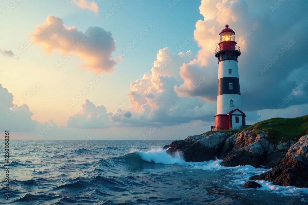 Obraz premium Lighthouse standing tall in ocean, lighthouse view, coastal light, tower