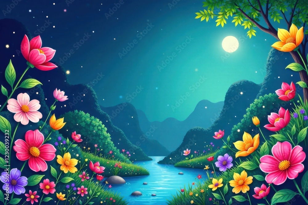 Obraz premium Magical garden doodles banner featuring fantastical flowers and sparkling water, decoration, magical flowers