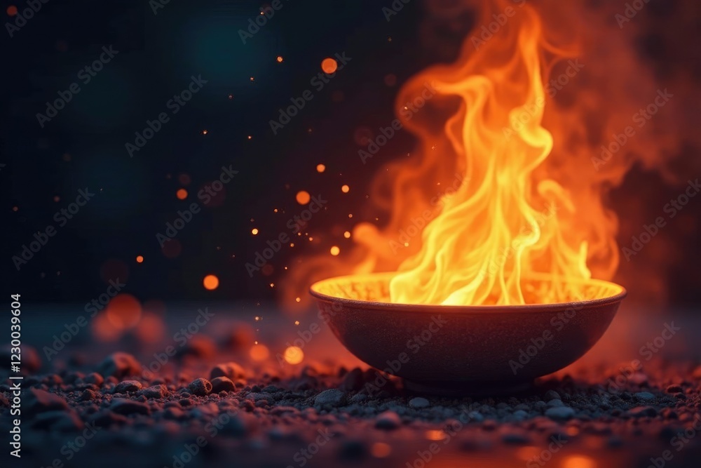 Flickering flames dance on the surface of a censer, moving, mist, glassy Flickering flames dance on the surface of a censer, moving, mist, glassy