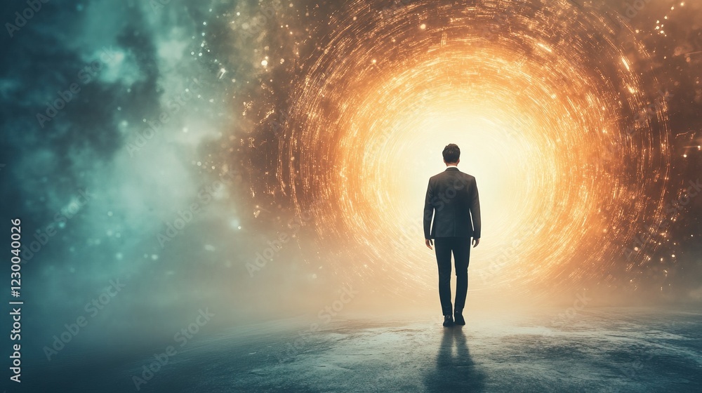 Businessperson entering a luminous digital portal, embracing a vibrant career transition, symbolizing a bold leap into new opportunities