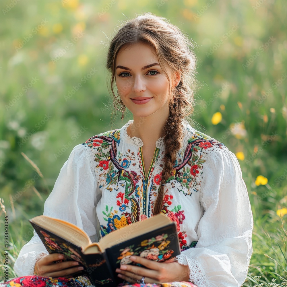 Woman in Traditional Ukrainian Vyshyvanka Reading in a Peaceful Natural Setting with Soft Sunlight Woman in Traditional Ukrainian Vyshyvanka Reading in a Peaceful Natural Setting with Soft Sunlight