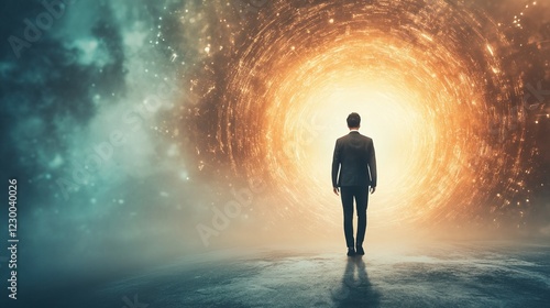 Obraz na płótnie Businessperson entering a luminous digital portal, embracing a vibrant career transition, symbolizing a bold leap into new opportunities w salonie