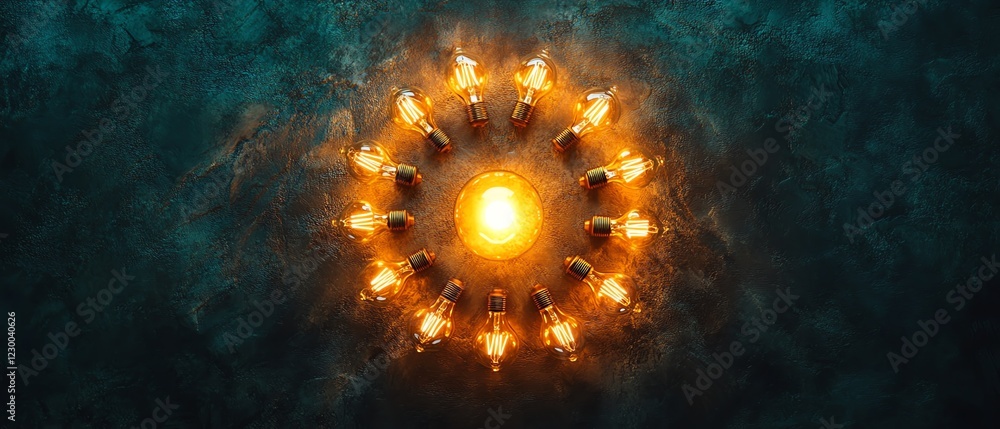 Fototapeta premium Circular arrangement of yellow light bulbs on dark textured background, large central bulb surrounded by smaller ones, vibrant contrast, cinematic lighting