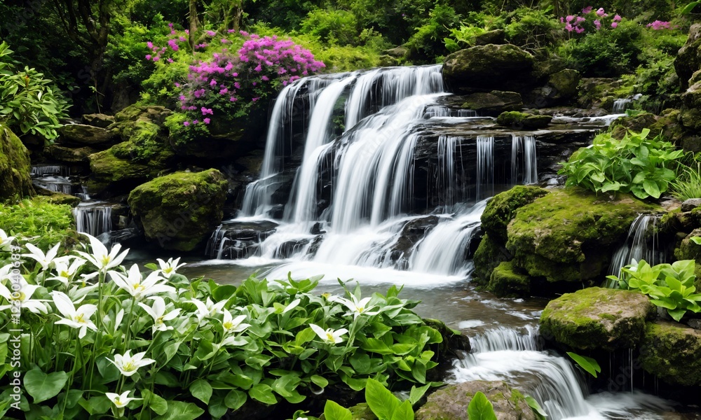 Beautiful Garden Path Leading to a Small Waterfall – Dreamy Landscape Design with Natural Elegance Beautiful Garden Path Leading to a Small Waterfall – Dreamy Landscape Design with Natural Elegance