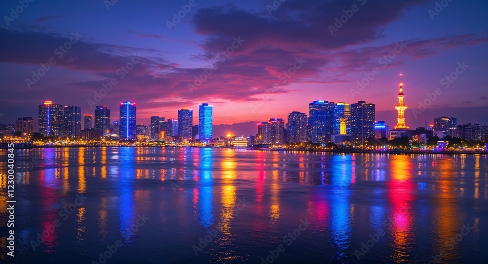 Fototapeta premium Twilight cityscape with colorful lights reflecting on water