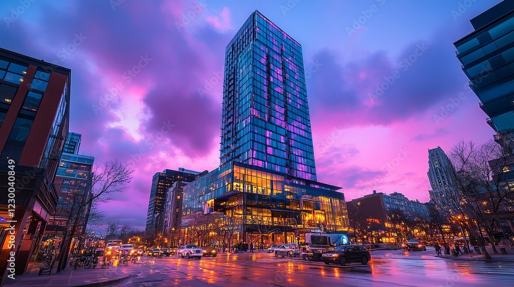 Obraz premium A striking skyscraper illuminated at dusk, showcasing vibrant purple and pink skies, reflecting the modern cityscape with glowing lights.