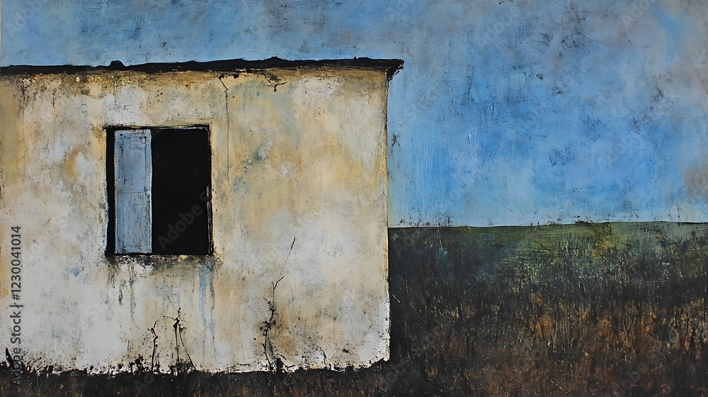Isolated house, dark window, plain background, field, art Isolated house, dark window, plain background, field, art