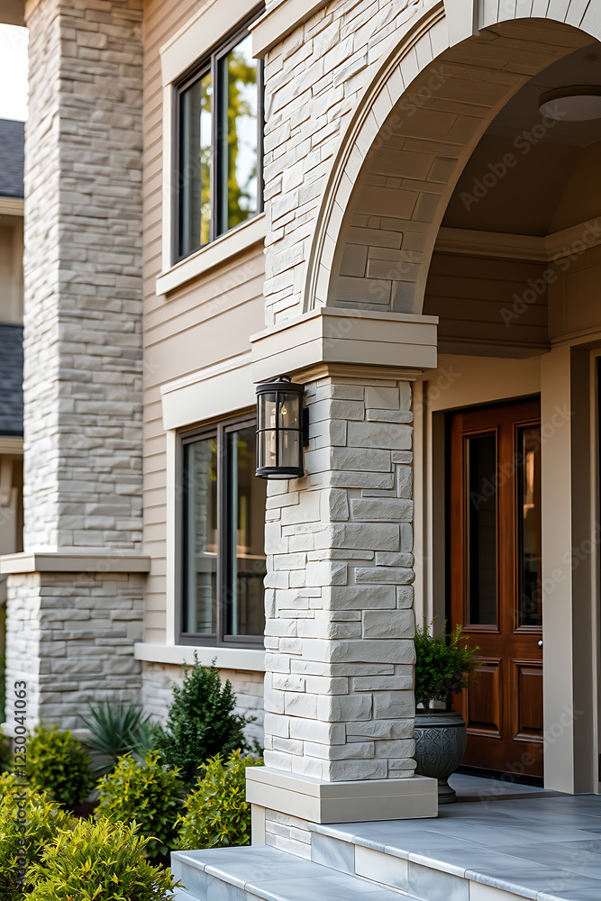 Modern House Exterior: Stone Architecture and Landscaping Design. Luxury Home Entrance with Arch and Stone Columns. Real Estate Photography Modern House Exterior: Stone Architecture and Landscaping Design. Luxury Home Entrance with Arch and Stone Columns. Real Estate Photography