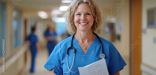 Smiling female caucasian nurse in hospital corridor holding patient chart