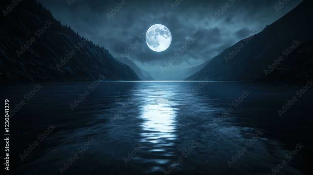 Fototapeta premium Serene Moonlit Lake Nestled Among Shadowy Mountains Under Dramatic Night Sky