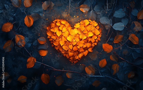 Heart glowing warmly, orange leaves and dark blue foliage create a dramatic interplay, evocative and emotional scene, ultracrisp details, ethereal vibe photo