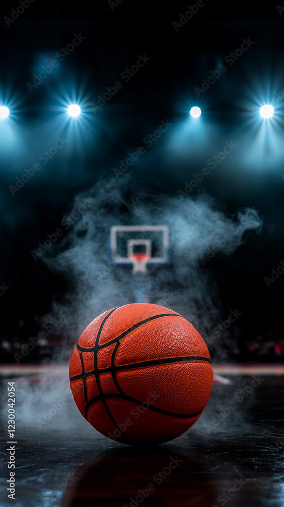 Obraz premium A vibrant basketball in smoke with a hoop in the background.