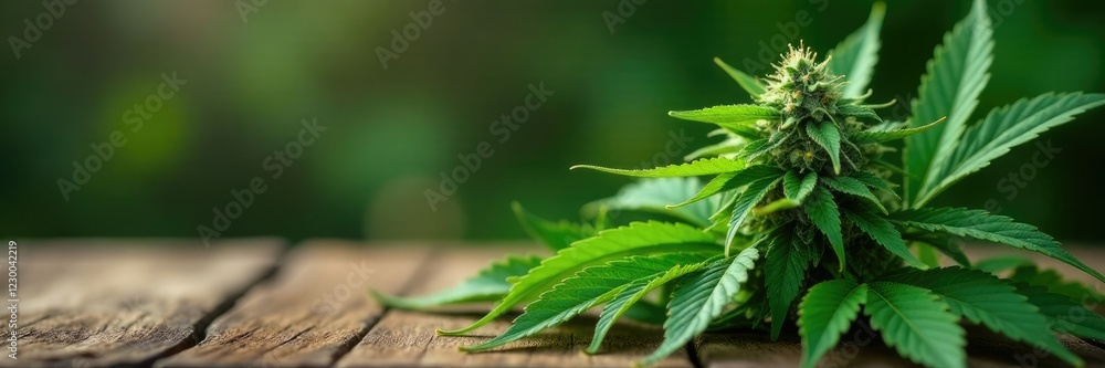 Large cannabis plant with big leaves and buds on wooden table, herb, nature Large cannabis plant with big leaves and buds on wooden table, herb, nature