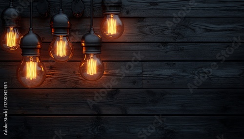 Soft orange glow from light bulbs on a dark wooden surface, deep black tones emphasize warmth and creativity, ultracrisp details, photorealistic finish photo