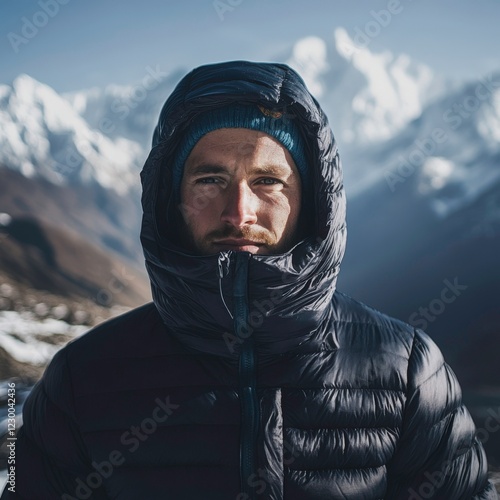 Man in Down Jacket in Front of Snowy Everest Mountain photo