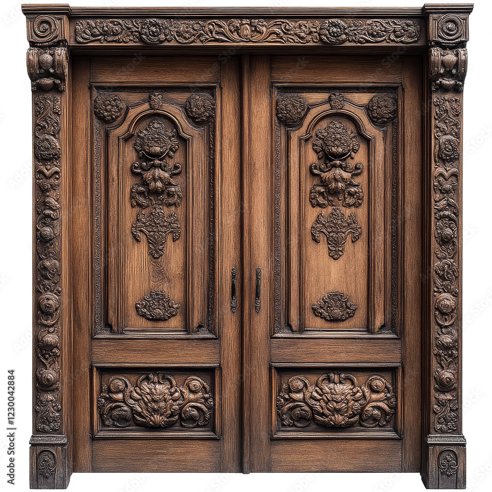 Ornate wooden double doors featuring intricate carvings and detailed patterns, showcasing craftsmanship and rich texture. Ornate wooden double doors featuring intricate carvings and detailed patterns, showcasing craftsmanship and rich texture.