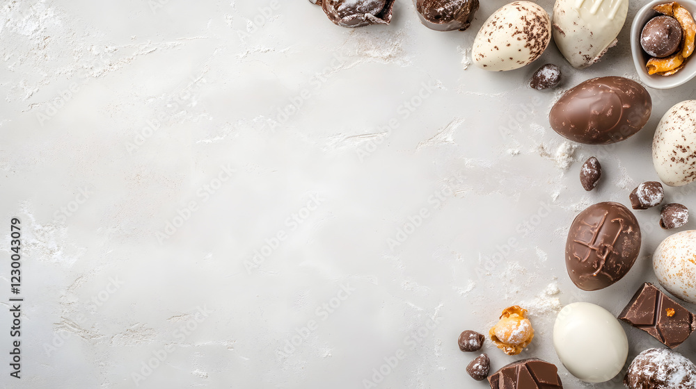 Obraz premium Delicious chocolate eggs and other confectionery on a light background with copy space