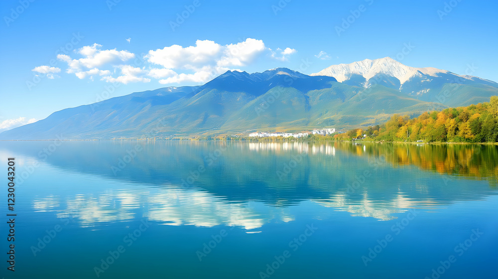 Naklejka premium Calm lake reflecting autumn mountains